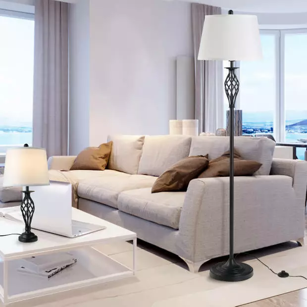 Zenzee Driedelige Set Van 1 Staande Lamp En 2 Tafellampen - Vloerlamp - Stalamp - Tafellamp - Vintage - Klassiek - Zwart/wit 3 Zenzee Driedelige Set Van 1 Staande Lamp En 2 Tafellampen - Vloerlamp - Stalamp - Tafellamp - Vintage - Klassiek - Zwart/wit - Afbeelding 3