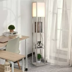 Zenzee Vloerlamp - Staande Lamp - Stalamp - Met Opbergruimte - 26L X 26B X 160H Cm - Wit/Eiken -LAMPEN Winkel 3738431 239393be