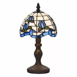 HAES DECO - Tiffany Tafellamp Blauw, Beige Ø 18x32 Cm Fitting E14 / Lamp Max 1x25W