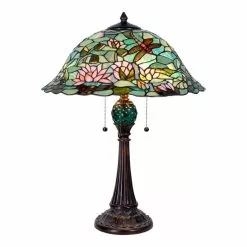 HAES DECO - Tiffany Tafellamp Groen, Bruin, Beige Ø 47x60 Cm Fitting E27 / Lamp Max 3x60W