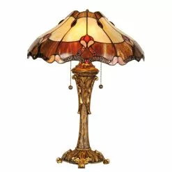 HAES DECO - Tiffany Tafellamp Rood, Beige Ø 40x53 Cm Fitting E27 / Lamp Max 2x60W